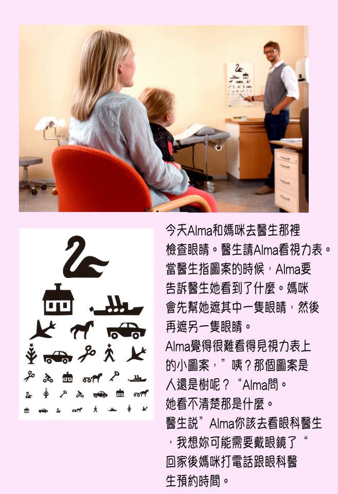 今天艾瑪和媽咪去醫生那裡檢查眼睛。 醫生請艾瑪看視力表。 當醫生指圖案的時候，艾瑪要告訴醫生她看到了什麼？ 媽咪會先幫她遮其中一隻眼睛，然後再遮另一隻眼睛。 艾瑪覺得很難看清楚視力表上的小圖案，艾瑪問:「咦？那個圖案是人還是樹呢？」她看不清楚那是什麼。 醫生說:「艾瑪你應該去看眼科醫生，我想妳可能需要戴眼鏡了。」 回家後媽咪打電話跟眼科醫生預約時間。  備註： 1還無法明確指出方向的小小孩會使用圖形的視力檢查表。 2在一些外國醫療體系中，大部分專科醫生是需要先經由家庭醫生做轉診的.